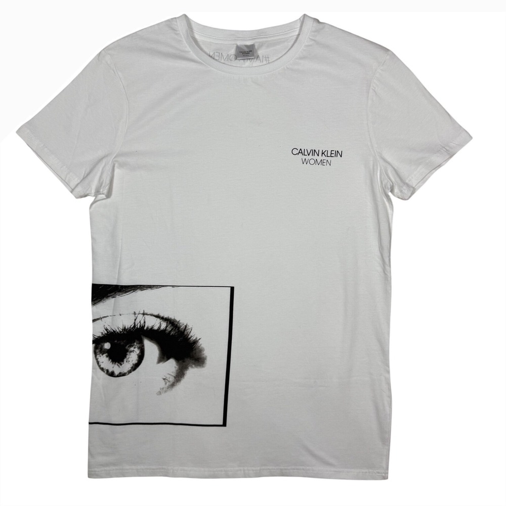 Calvin Klein Women Graphic Eye Logo T-Shirt White Short Sleeve Crewneck Tee, Med